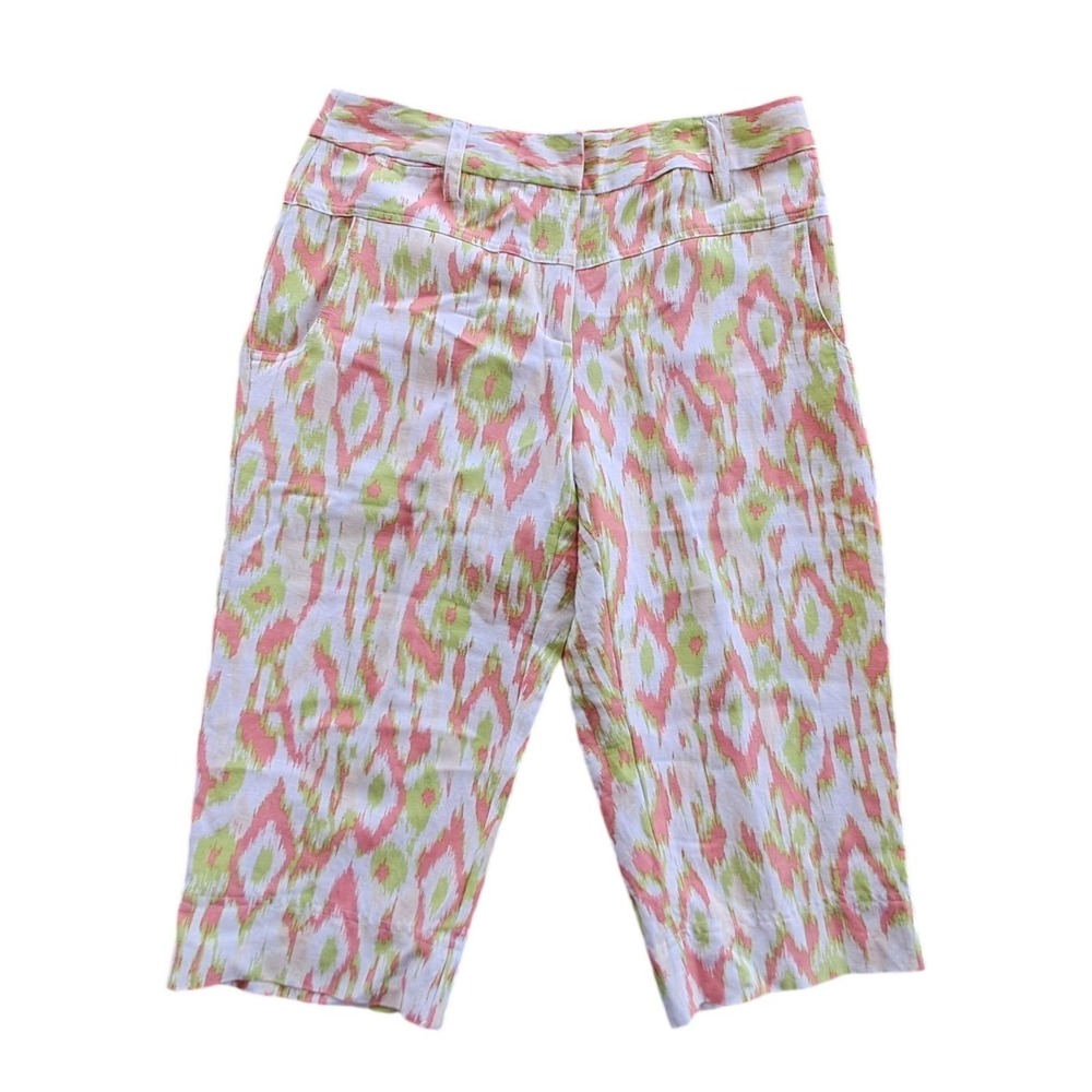 Ruby‎ Rd Womens Pink Lime Green Ikat Print Linen Blend Capri Pants Size 6